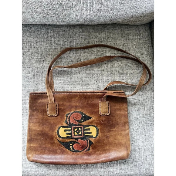 Vtg Brown Leather Shoulder Bag Boho Native American Polychrome Geometric Figure - Picture 2 of 11
